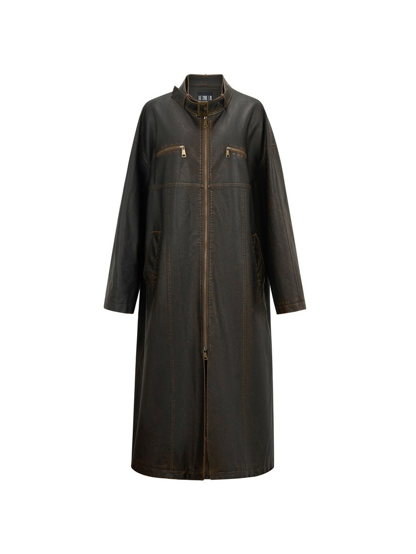 Leather Retro Vintage Stand-Collar Zip Ong-Coat