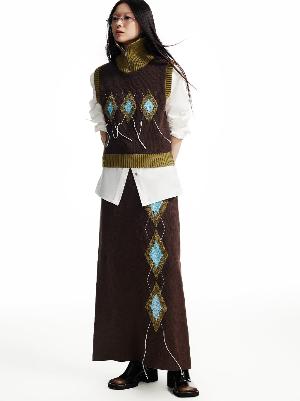 Knit Embroidery Retro Rhombus High-Neck-Vest＆Long-Skirt