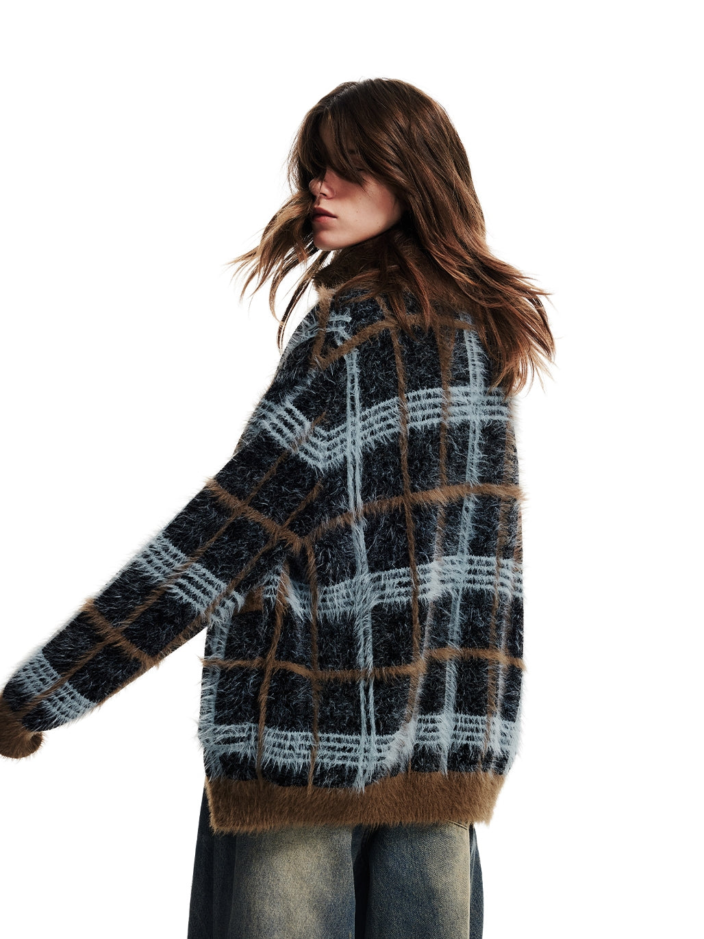 Checked Fluffily Knit Retro Round-Neck Casual Loose Cardigan