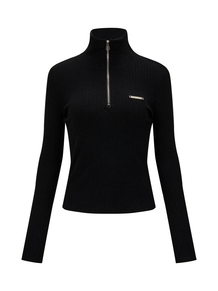 High-Neck Half-Zip Casual Simple Slim Rib-Knit