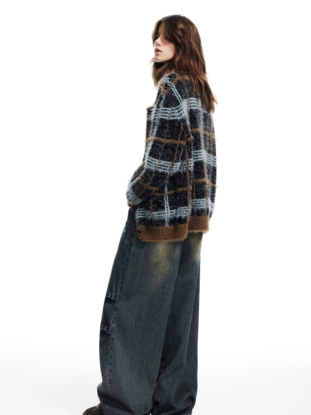 Checked Fluffily Knit Retro Round-Neck Casual Loose Cardigan