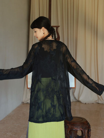 Embroidery Flower Sheer Oversize Shirt