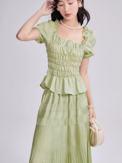 Gather Frill Puff-Sleeve Peplum Chic Blouse&amp;Long-Skirt