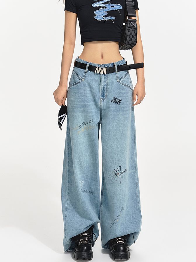 Logo Wide-leg Denim Casual Loose Pants