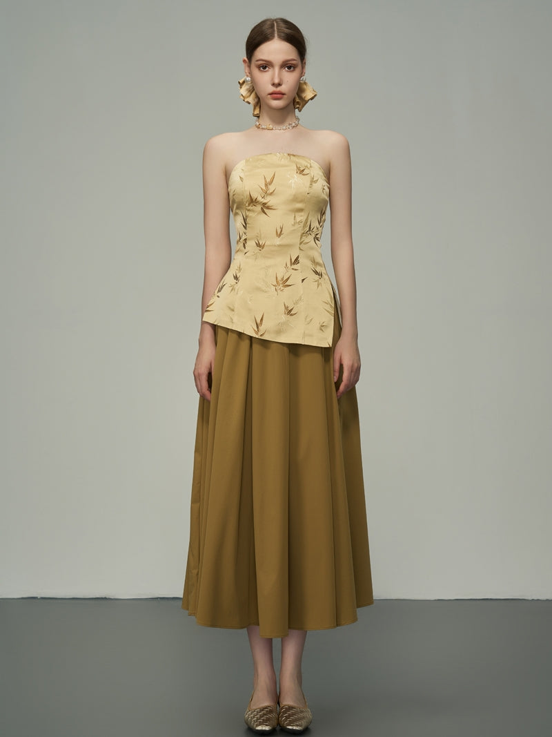 Glossy Embroidery Japanese Retrp Bare-Top＆Long-Skirt