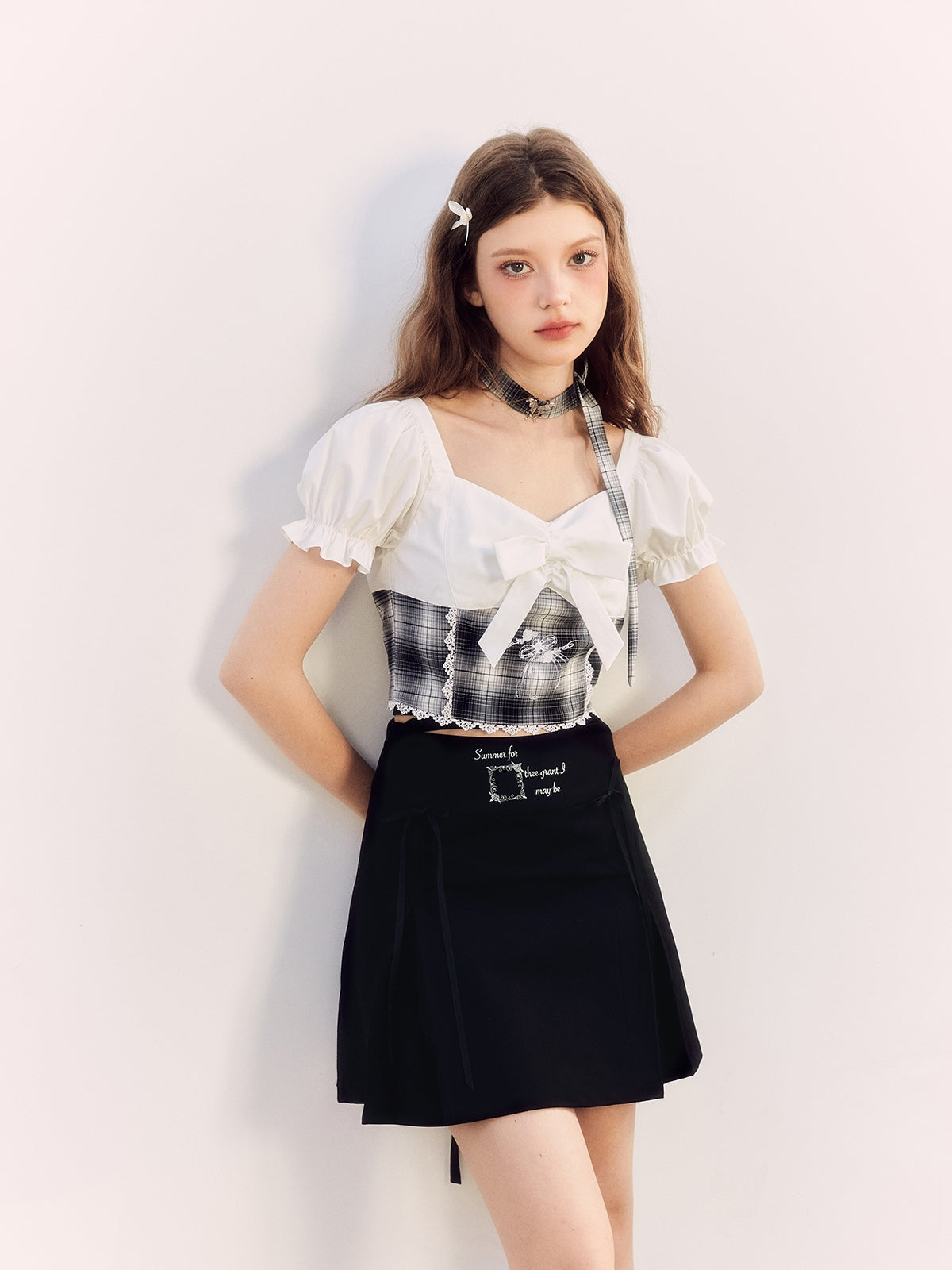 Checked Lace Ribbon Girly Blouse&amp;Mini-Skirt