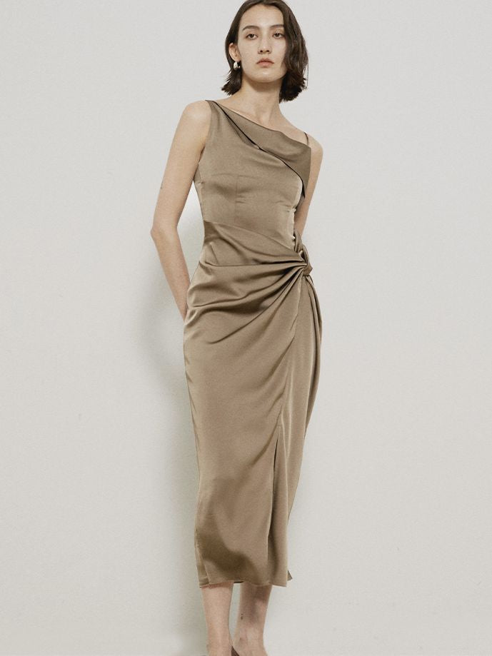 Frape Elegant Long Classy Asymmetry Satin One-piece