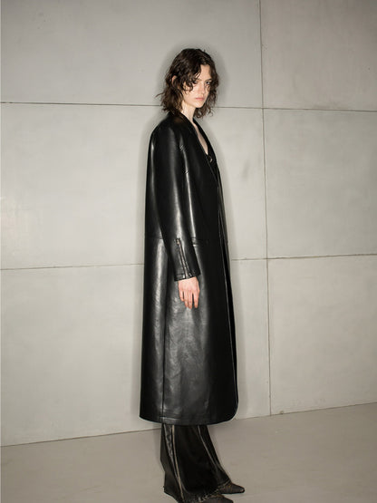 Leather Cool No-Collar Smooth Long-Coat