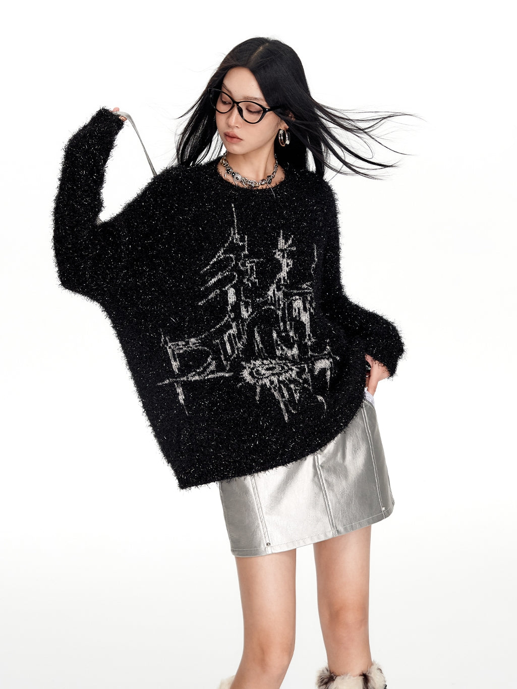 Moderne Crew-Hals lange, flauschig Mohair-Knit