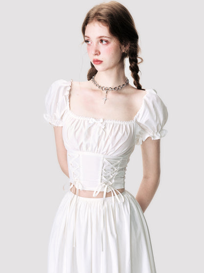 Puff-Sleeve Cropped Lace-Up Back-Open Blouse&amp;Long-Skirt