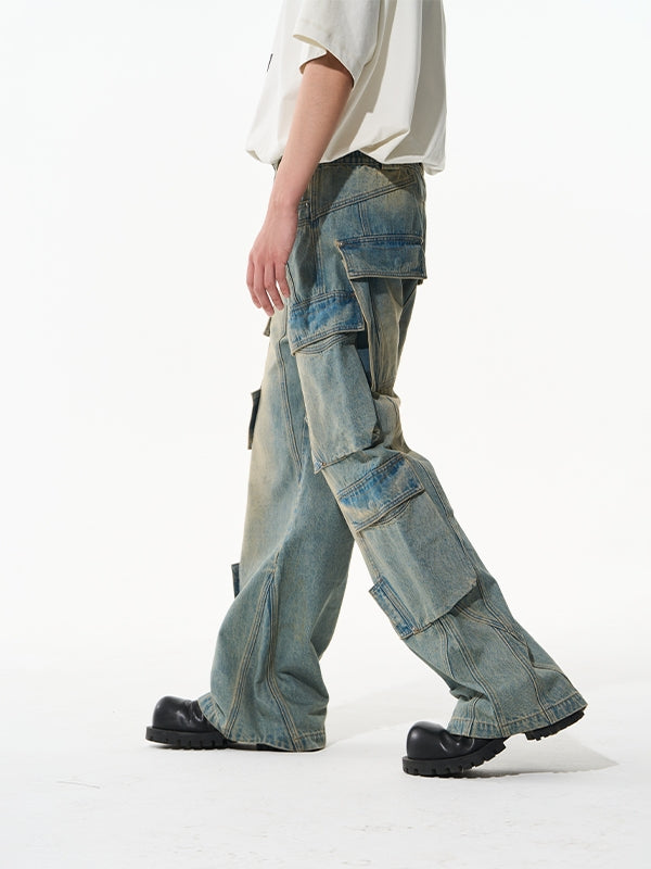 Faded Wide-Leg Side-Pocket Denim Pants