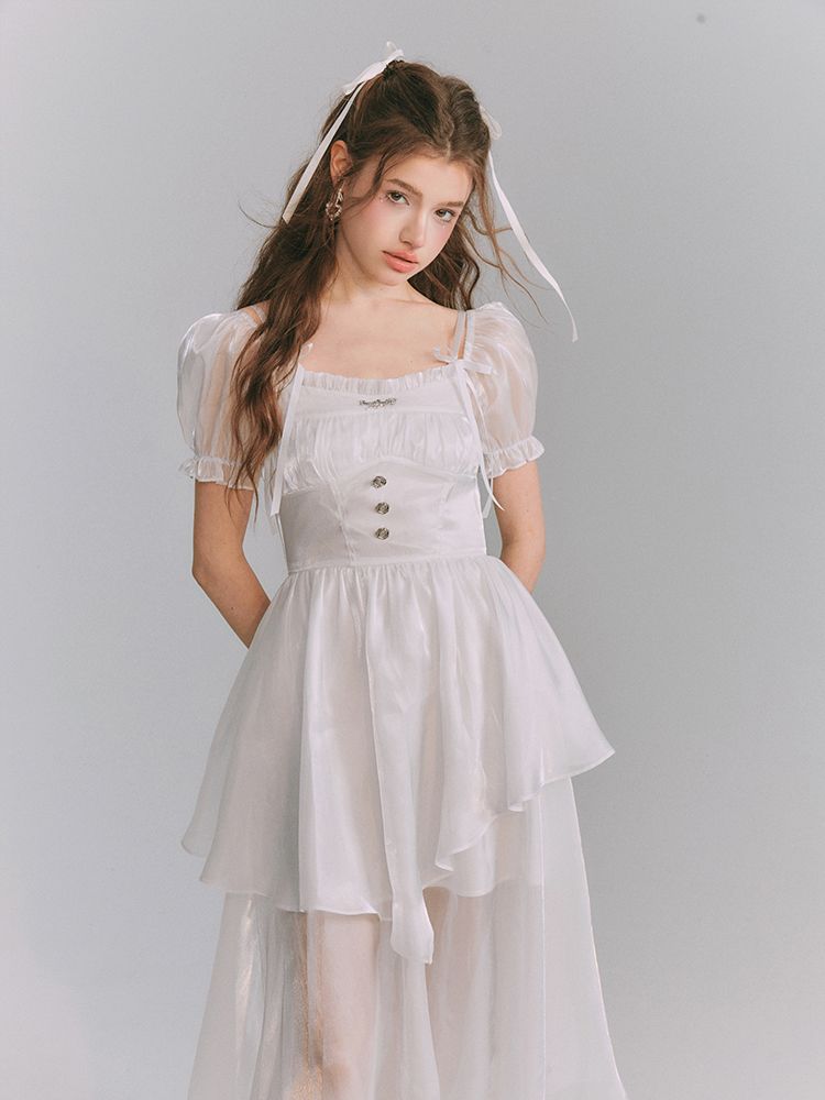 Sheer Puff-Sleeve Tiered Asymemtry Long One-Piece