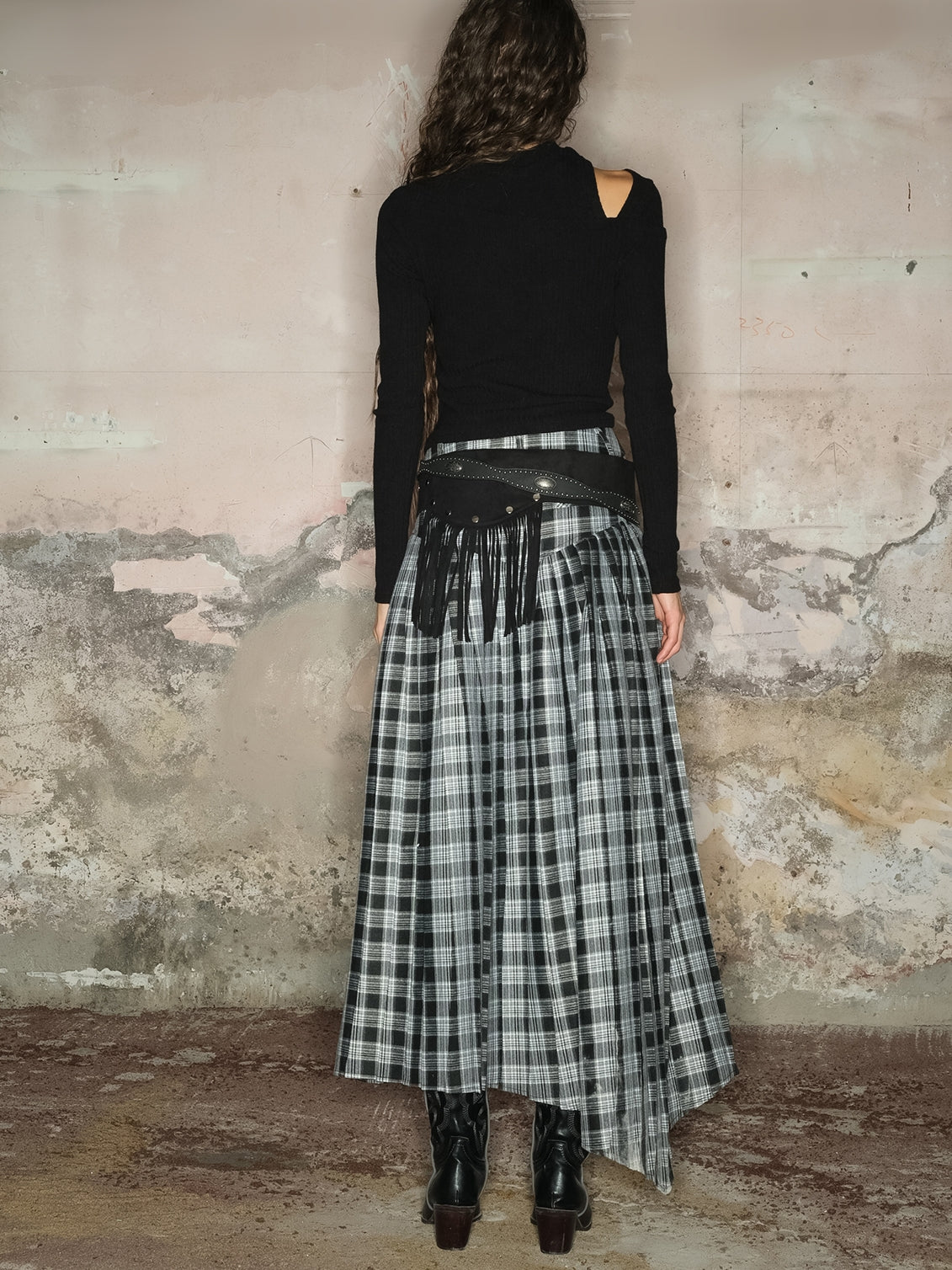 Tiered Asymmetry Checked Girly Nichi Long-Skirt