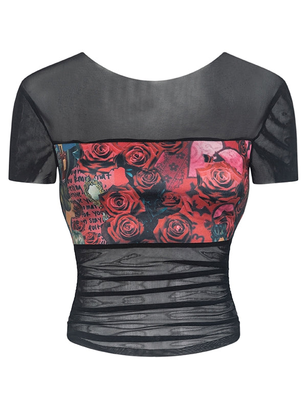 Rose Sheer Cropped Tight Print-T-Shirt