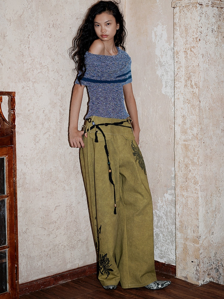 Embroidery Relax Loose Casual Retro Wide-Pants