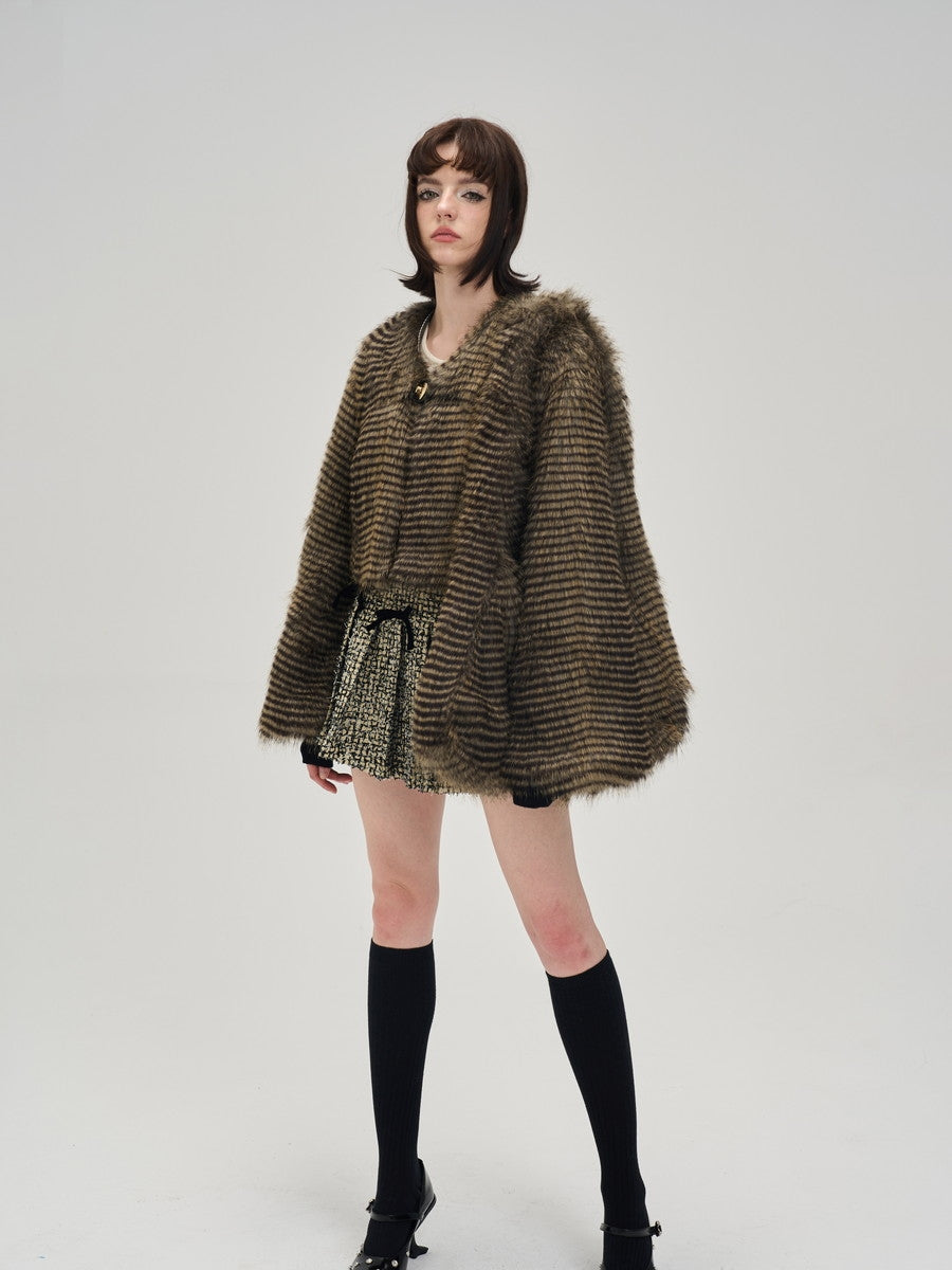 Border Fur Fluffily No-Collar Loose Jacket