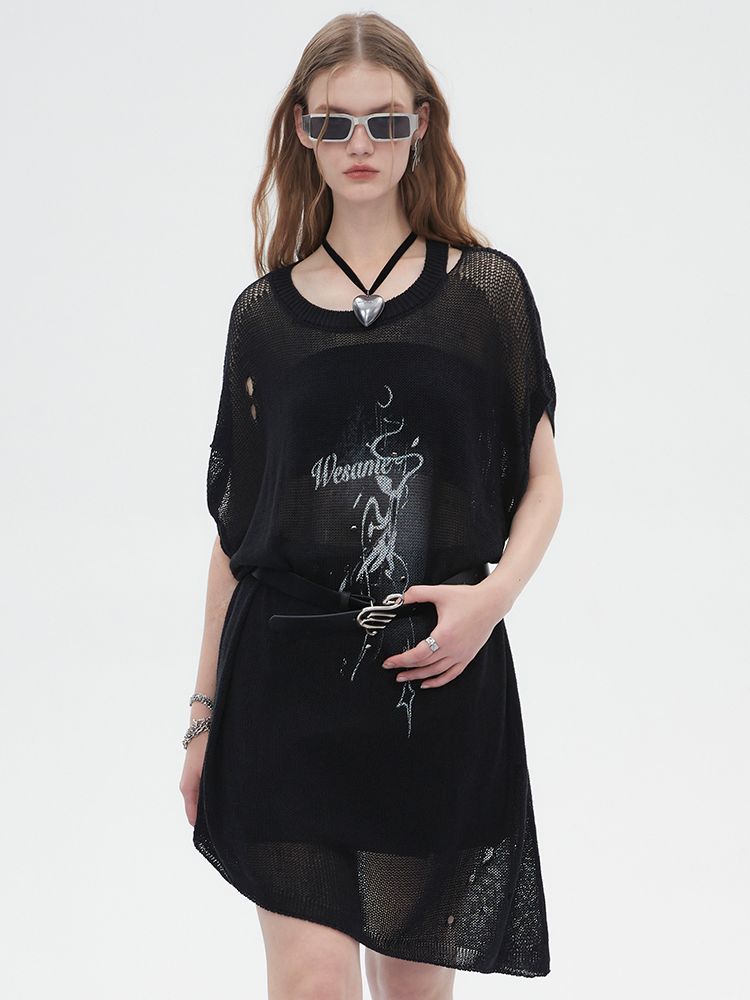 Sheer Asymmetry Mesh Damage Long-Tops