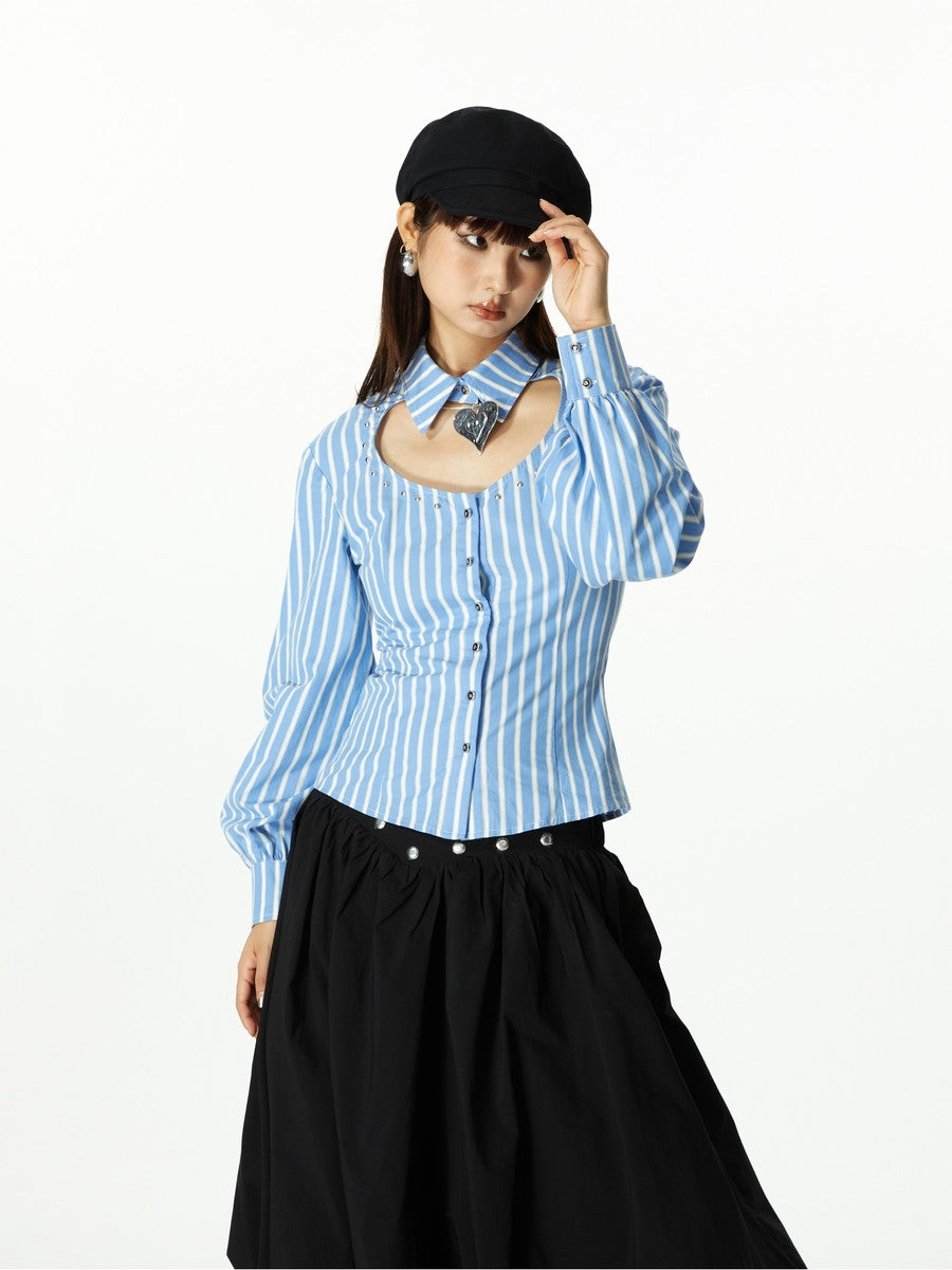 Front-Cut Stripe Balloon-Sleeve Blouse