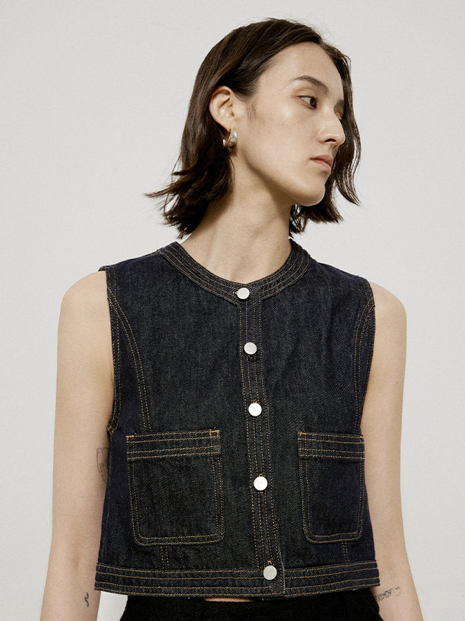 Denim Stitch Casual Sl;eeveless Vest Gilet