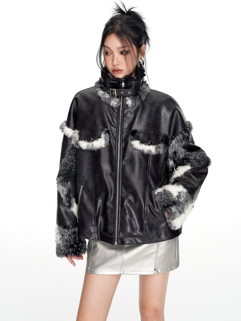 Fur Speckled Cool Stand-Collar Belt Leather-Jacket