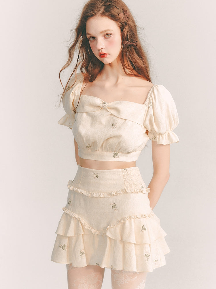 Embroidery Tiered Puff-Sleeve Flower Blouse&amp;Mini-Skirt