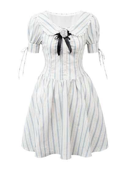 Stripe Puff-Sleeve Frill Flare One-Piece