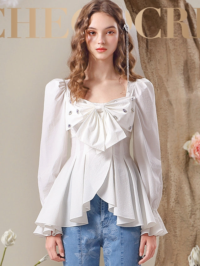 Big-Ribbon Cute Flare Candy-Sleeve Blouse