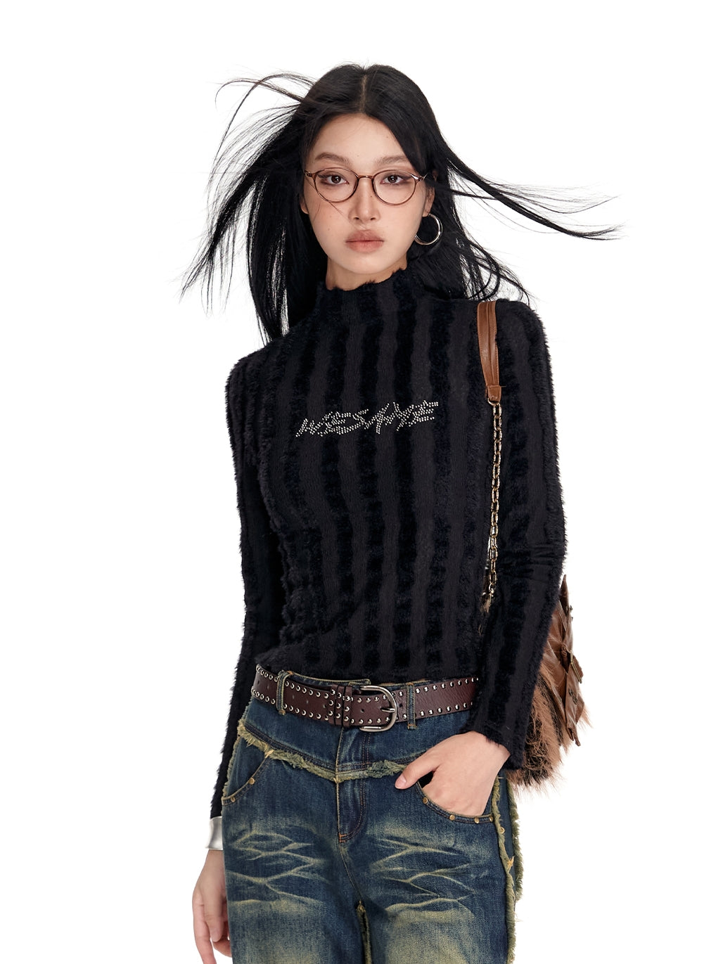 High-Neck Fliffily Rhinestone Slim Mohair-Knit