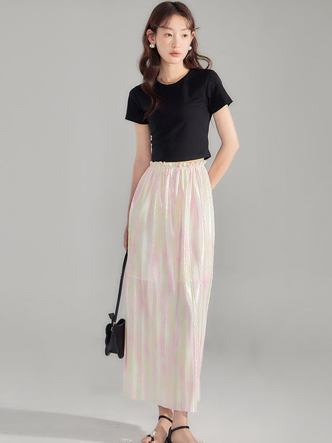 Crumply Tie-Dye Pale-Tone Thin Lng-Skirt