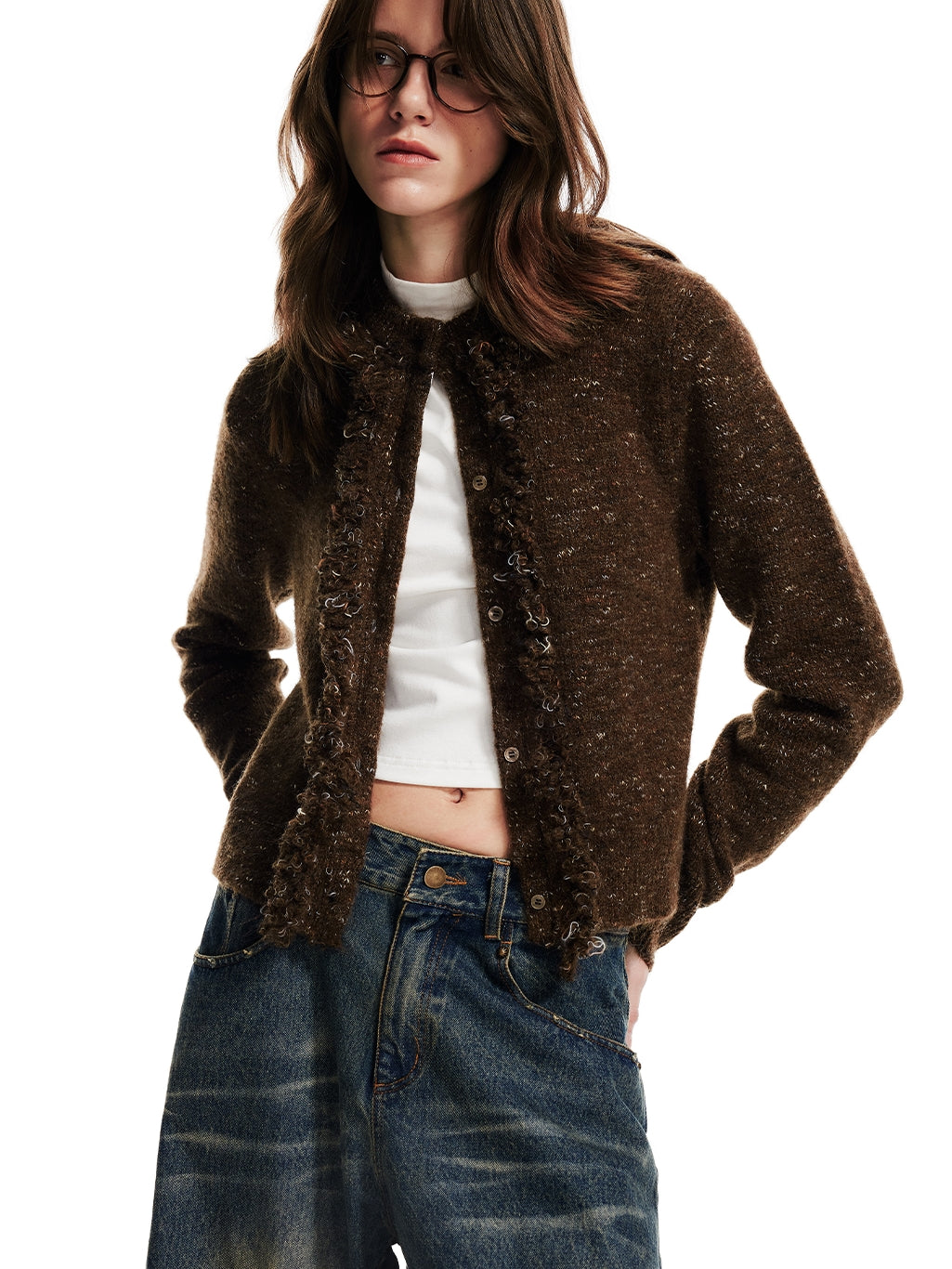 Wool Claasy Crew-Neck Knit Compact Slim Cardigan