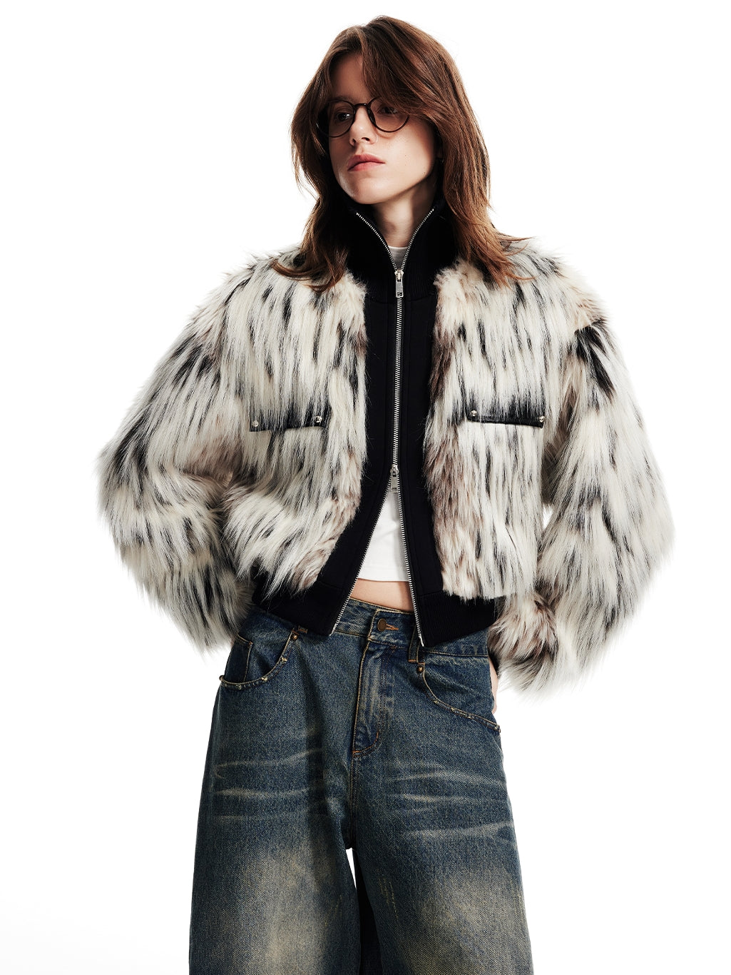 High-Neck Knit Zip Short-Length Balloon-Sleeve Fur-Jacket