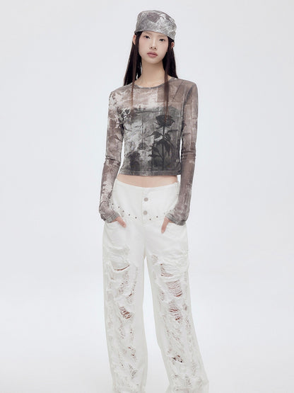 Sheer Mesh Silhouette Flower Cropped Cutsew