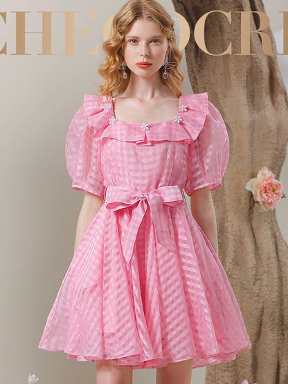 Ribbon Stripe Cute Puff-Sleeve Frill-Collar One-Piece