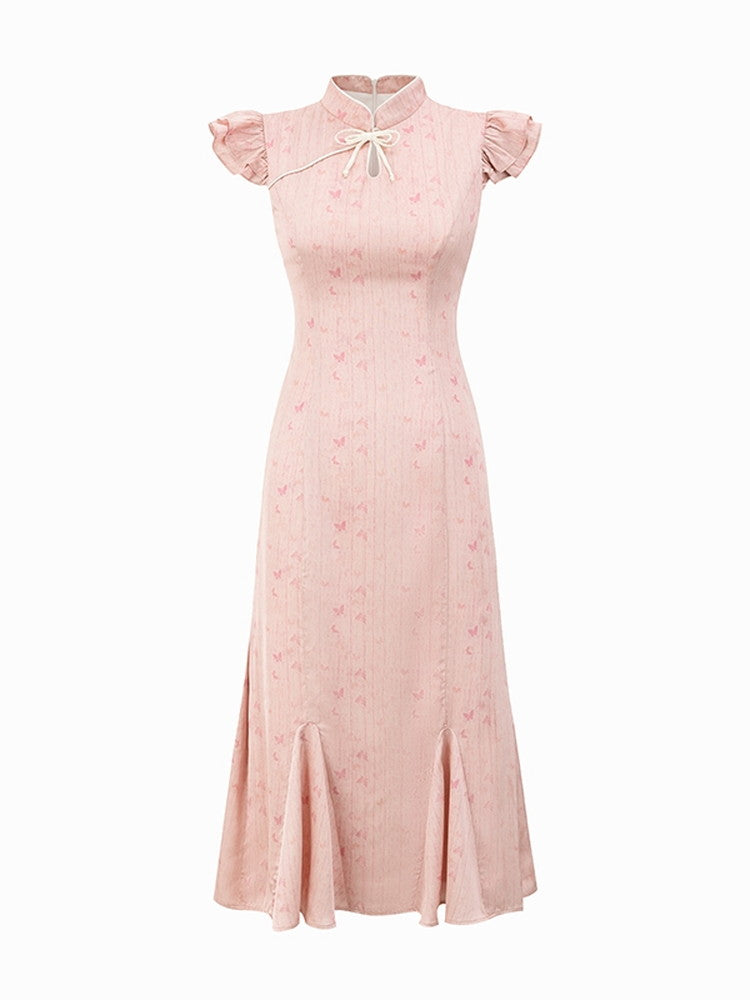 China Flower Frill-Sleeve Long Retro Dress