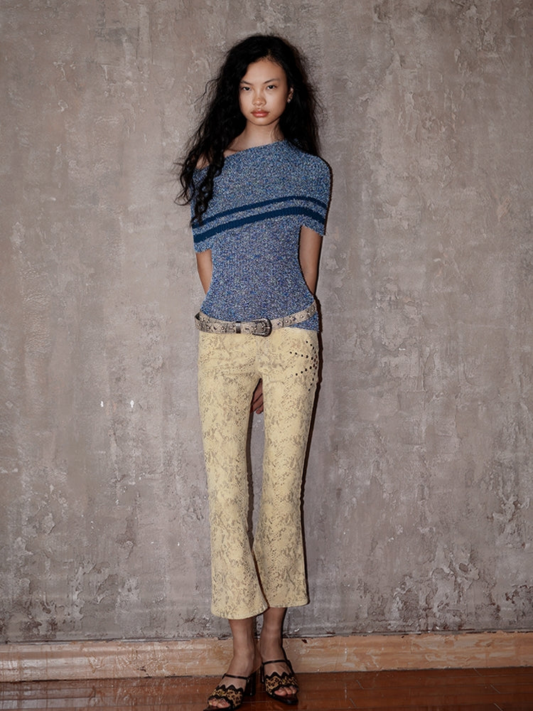 Corduroy Cropped Western Flare Studs Embroidery Pants