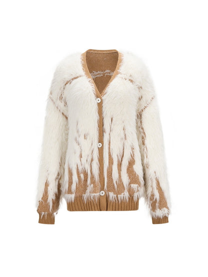 Mohair-Knit V-Neck Loose Fluffily Long Cardigan