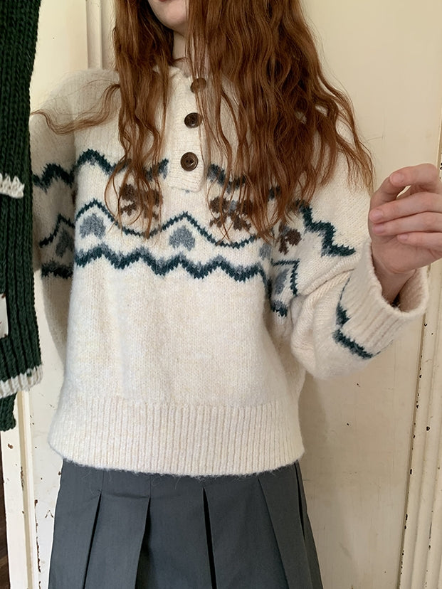 Polo-Neck Nordic Ribbon Knit Sweater