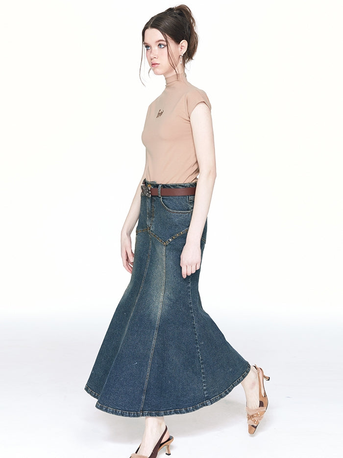 Denim Mermaid Rivet Long-Skirt