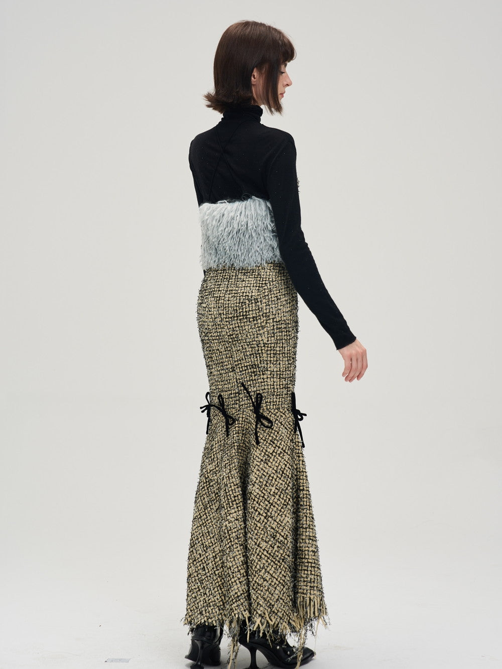 Nichi Tassel Tweed Ribbon Fur Camisole＆Long-Skirt