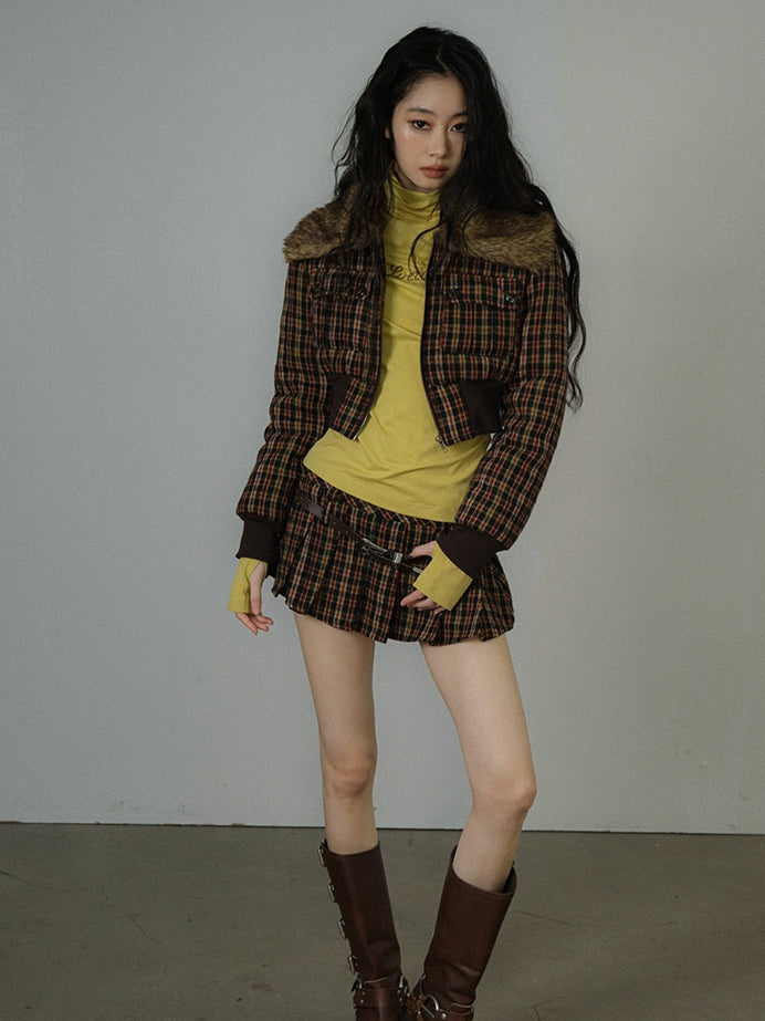 Fur Checked Letaher Short Retro Jacket