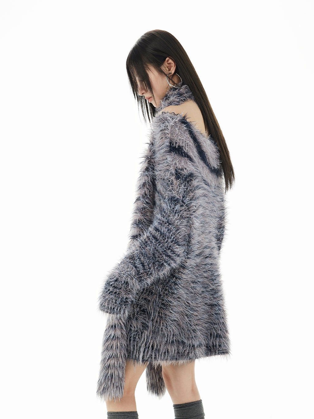 Fluffily Oversize One-Shoulder Loose Mohair-Knit＆Muffler