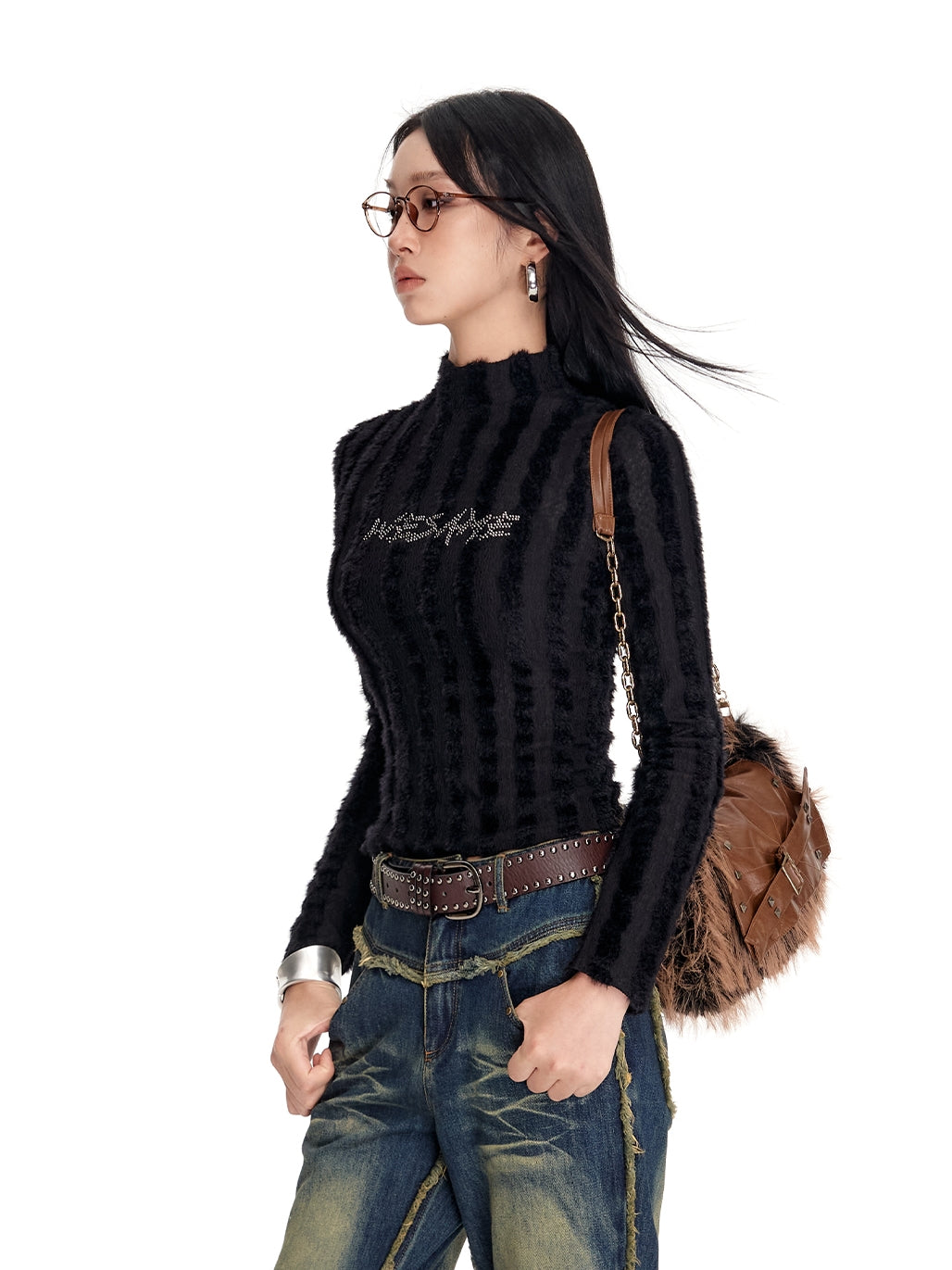 High-Neck Fliffily Rhinestone Slim Mohair-Knit