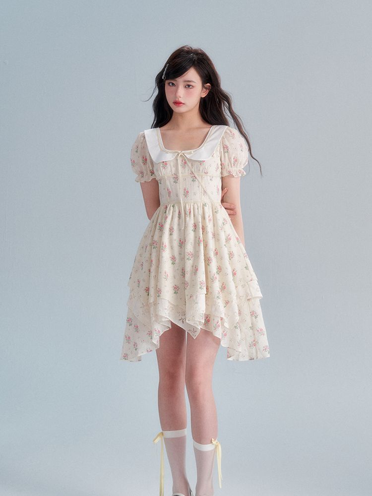 Flower Puff-Sleeve asymemtry Retro One-Piece