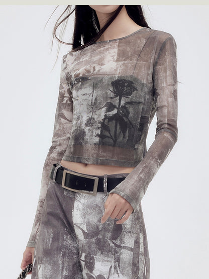 Sheer Mesh Silhouette Flower Cropped Cutsew