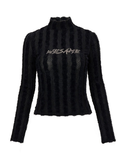 High-Neck Fliffily Rhinestone Slim Mohair-Knit