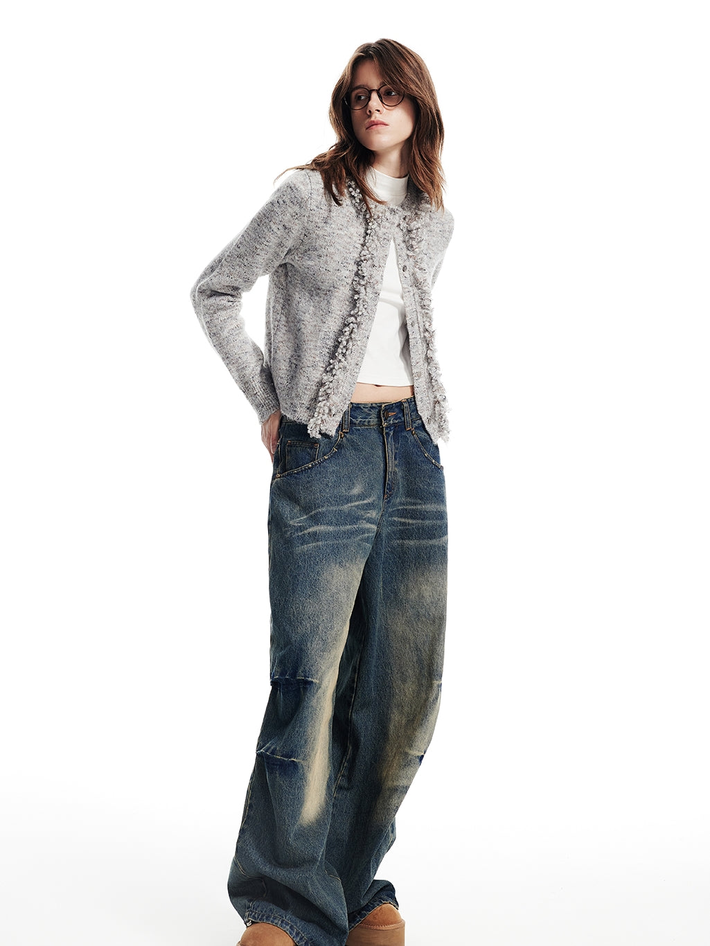 Wool Claasy Crew-Neck Knit Compact Slim Cardigan