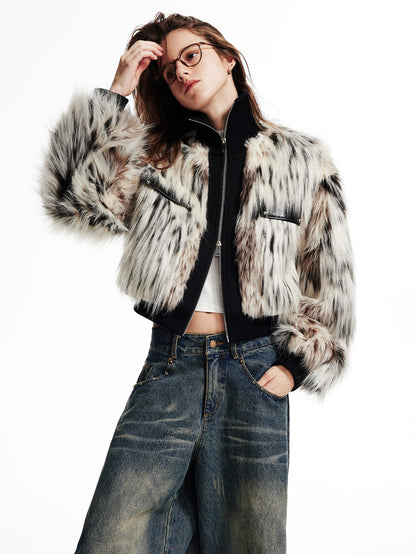 High-Neck Knit Zip Short-Length Balloon-Sleeve Fur-Jacket