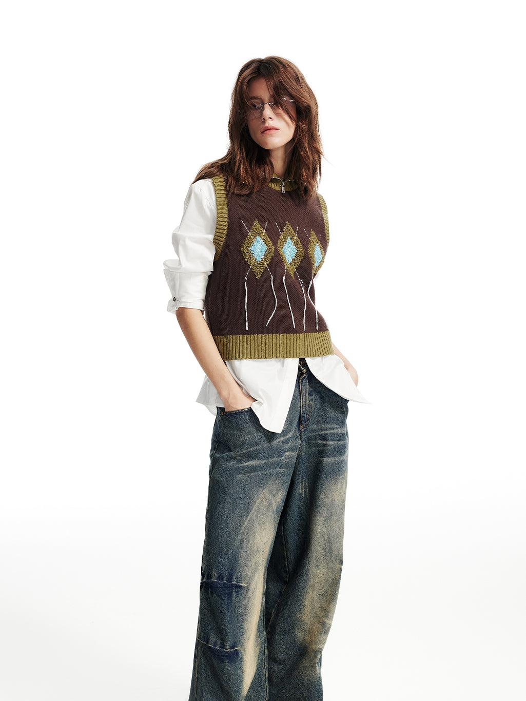 Knit Embroidery Retro Rhombus High-Neck-Vest＆Long-Skirt