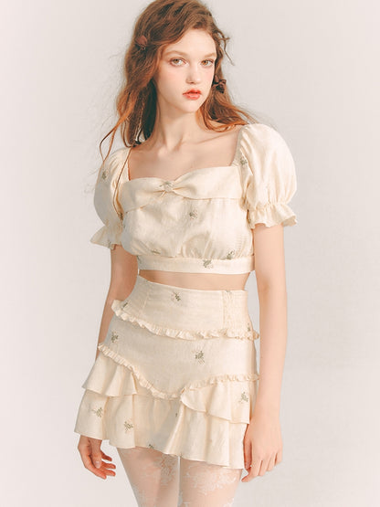 Embroidery Tiered Puff-Sleeve Flower Blouse&amp;Mini-Skirt