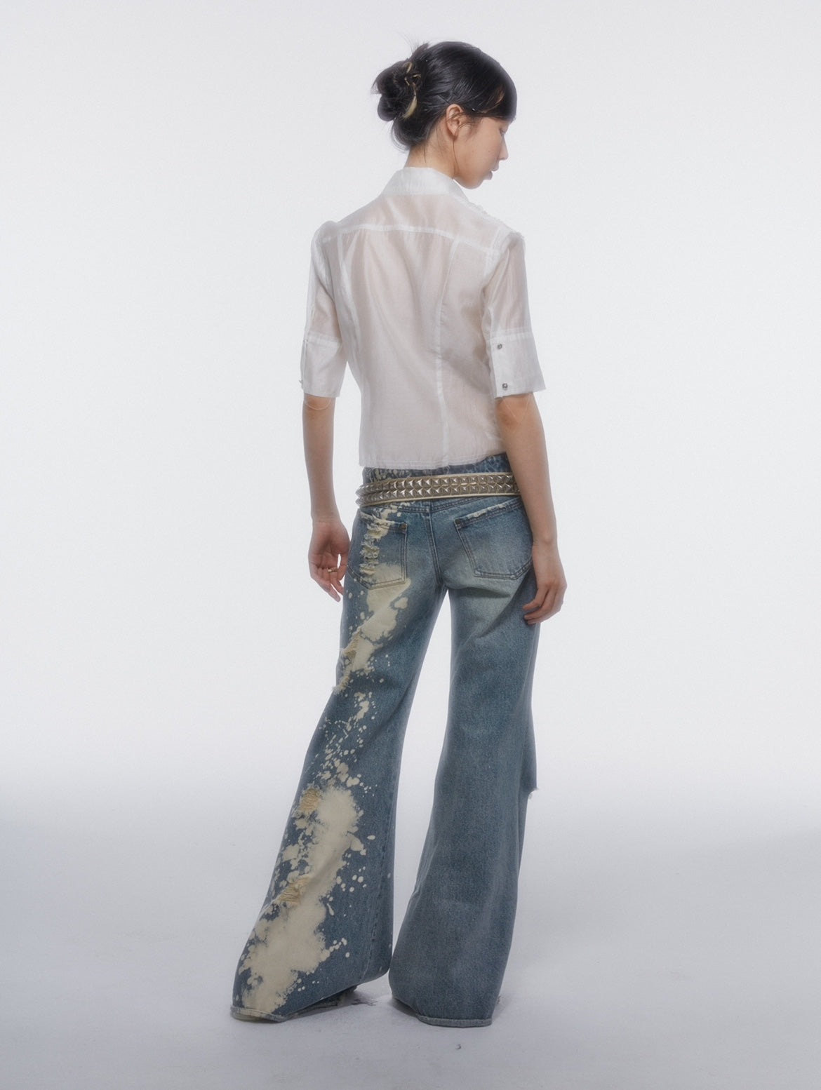 Damage Paint Denim Wide-Leg Flare-Pants